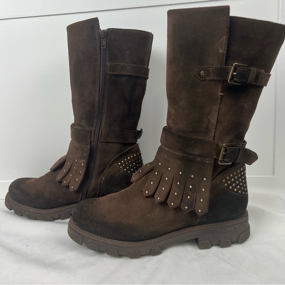 Manas Brown Suede Studded Biker Boots With Fringe Women’s EU 40/ US 9.5 - Picture 3 of 10